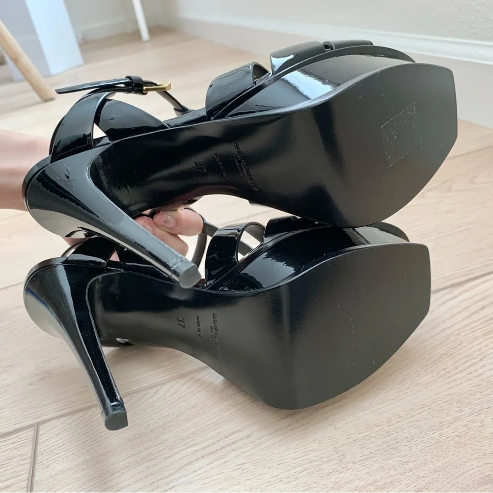 🌟 YSL Black Patent Leather Tribute 105 Platform Heeled Sandals High Heels 37 - Picture 6 of 12